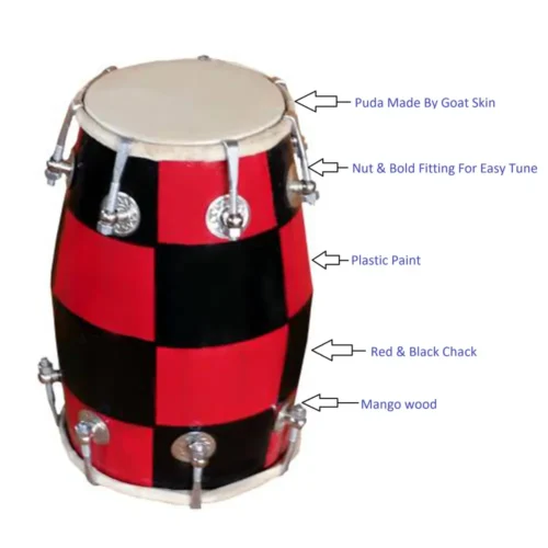 Baby Dholak 14 inch length Goat skin fit by Nut & Bolt Red & Black check design Coloue finishing
