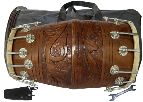 Ram musical Carving Design on the Dholak shell  Brown polish and Alternate size nut Bolt tunning system